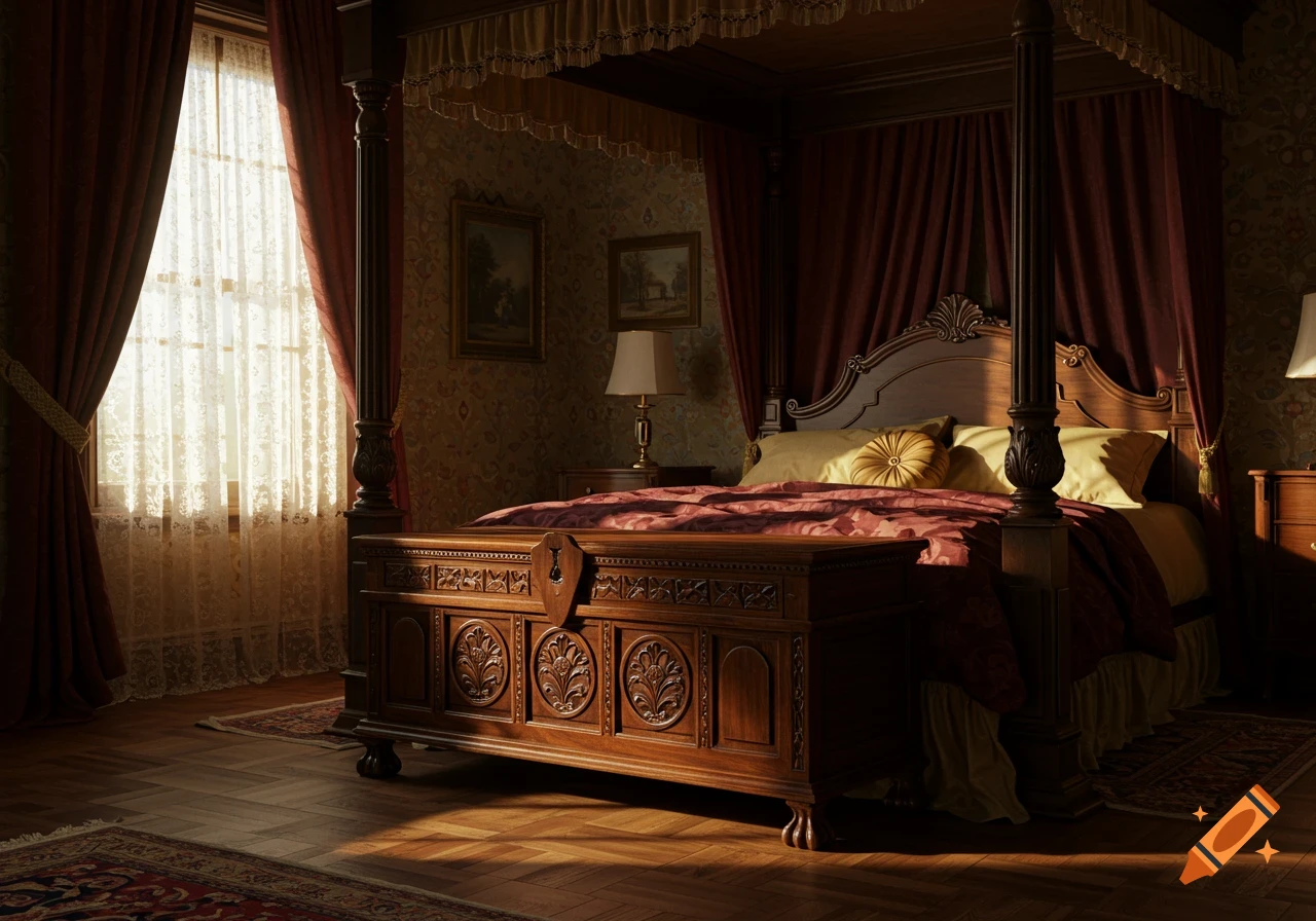 A richly decorated Victorian bedroom with a large four-poster bed and an ornate wooden chest at its foot. Sunlight streams through a window.