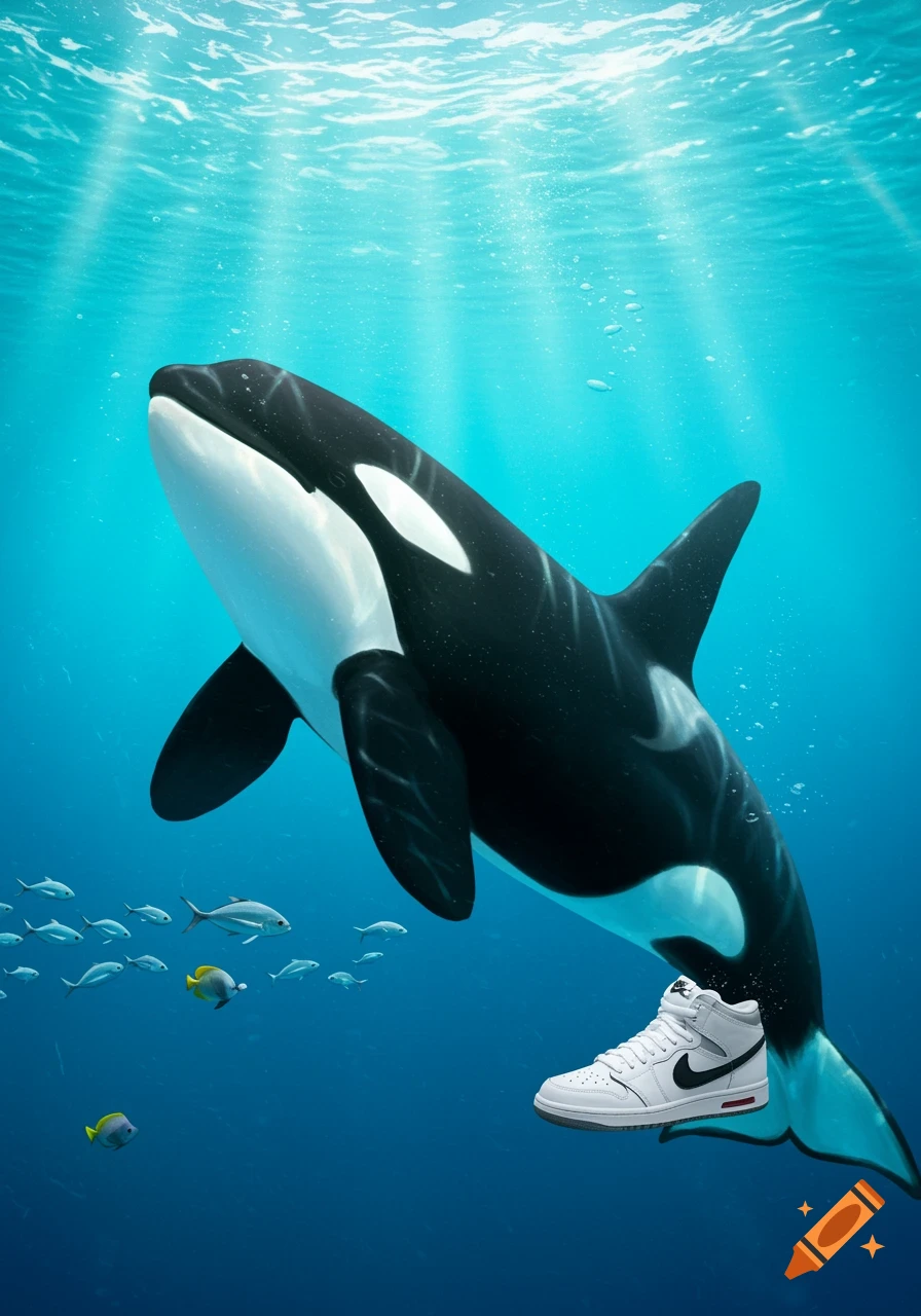 A photorealistic orca swims underwater wearing a white Nike high-top shoe on its tail, with light rays and small fish.
