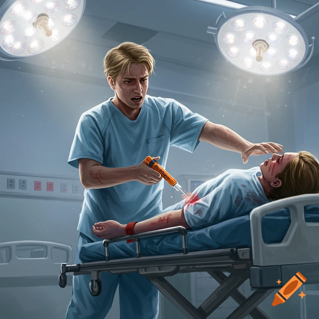 A blonde man in scrubs holds an EpiPen over a patient on a gurney, who is bleeding from their arm, in a hospital room under bright lights. Illustration style.