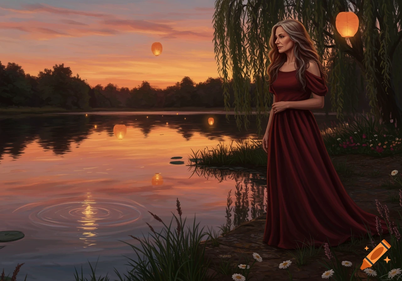 A mature woman in a red dress stands by a lake at sunset with floating lanterns and a willow tree, digital painting.