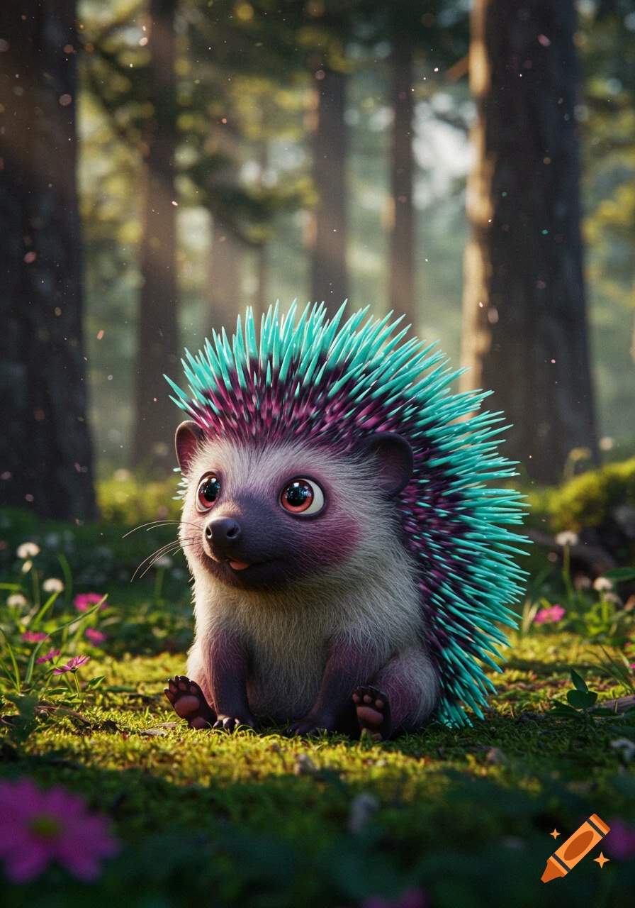 A cute, cartoonish hedgehog with bright teal and magenta quills, sitting on a mossy forest floor with sunlit trees in the background.