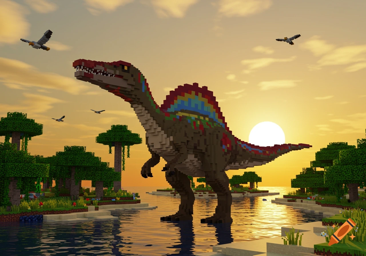 A large pixelated Spinosaurus stands in shallow water at sunset in a vibrant Minecraft-style landscape.
