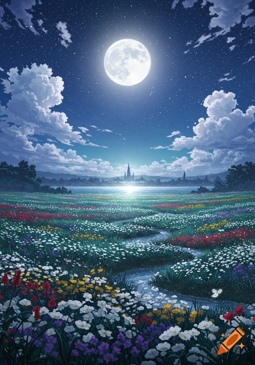 Anime-style night landscape with a full moon, starry sky, clouds, a winding stream through a field of colorful wildflowers, and a distant lake with castle-like structures.