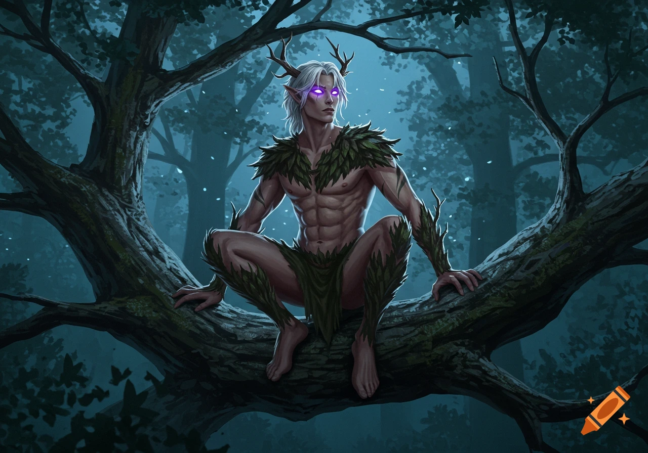 A male fantasy creature with antlers and glowing purple eyes, clad in leaves, sits on a tree branch in a dark, mystical forest.