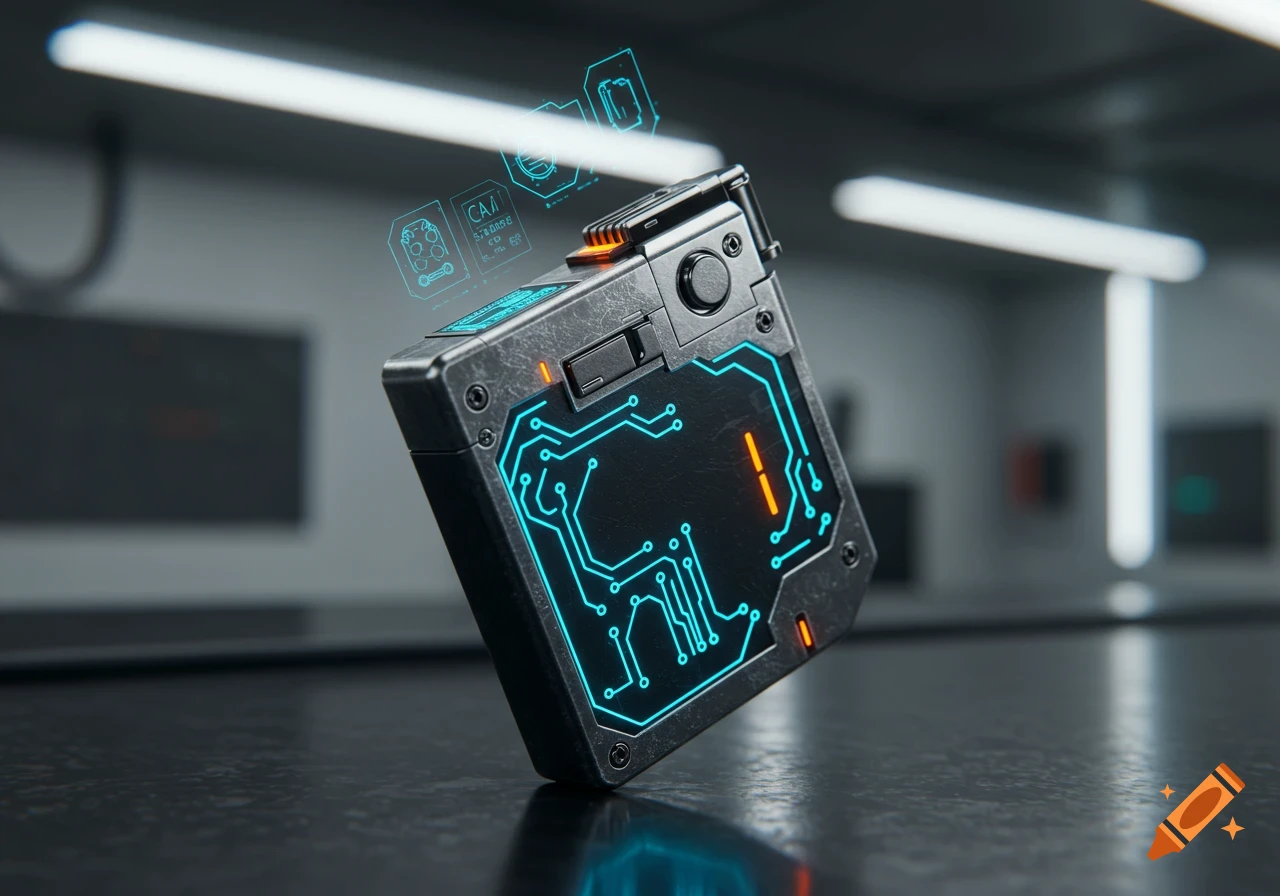 A futuristic dark gray device with glowing blue circuit patterns and orange lights stands on a reflective surface in a blurred modern room.