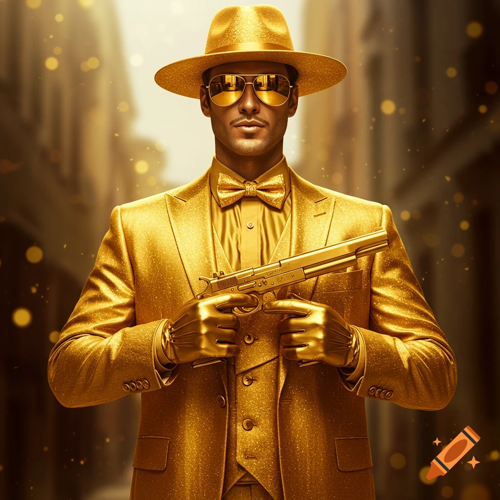 A man in a full golden suit, golden fedora, and golden sunglasses holds a large golden pistol, set against a blurred gold-toned street background with bokeh lights.