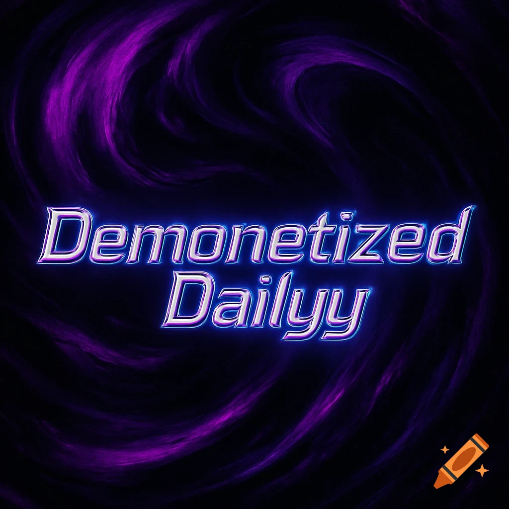 Metallic text "Demonetized Dailyy" with a purple glow against a swirling purple and black background.