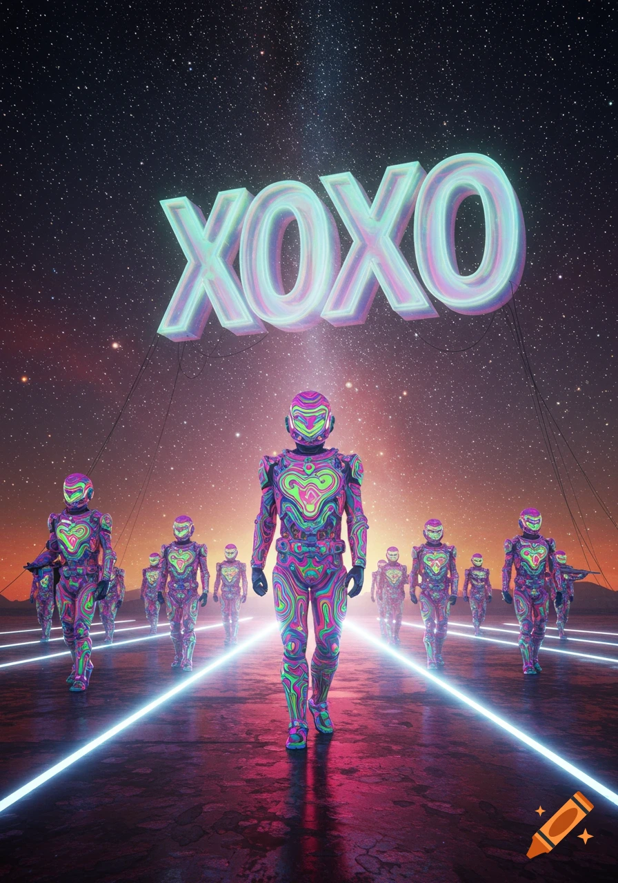 Psychedelic robots with neon patterns march on an alien planet under a starry sky, with a large glowing 'XOXO' sign.