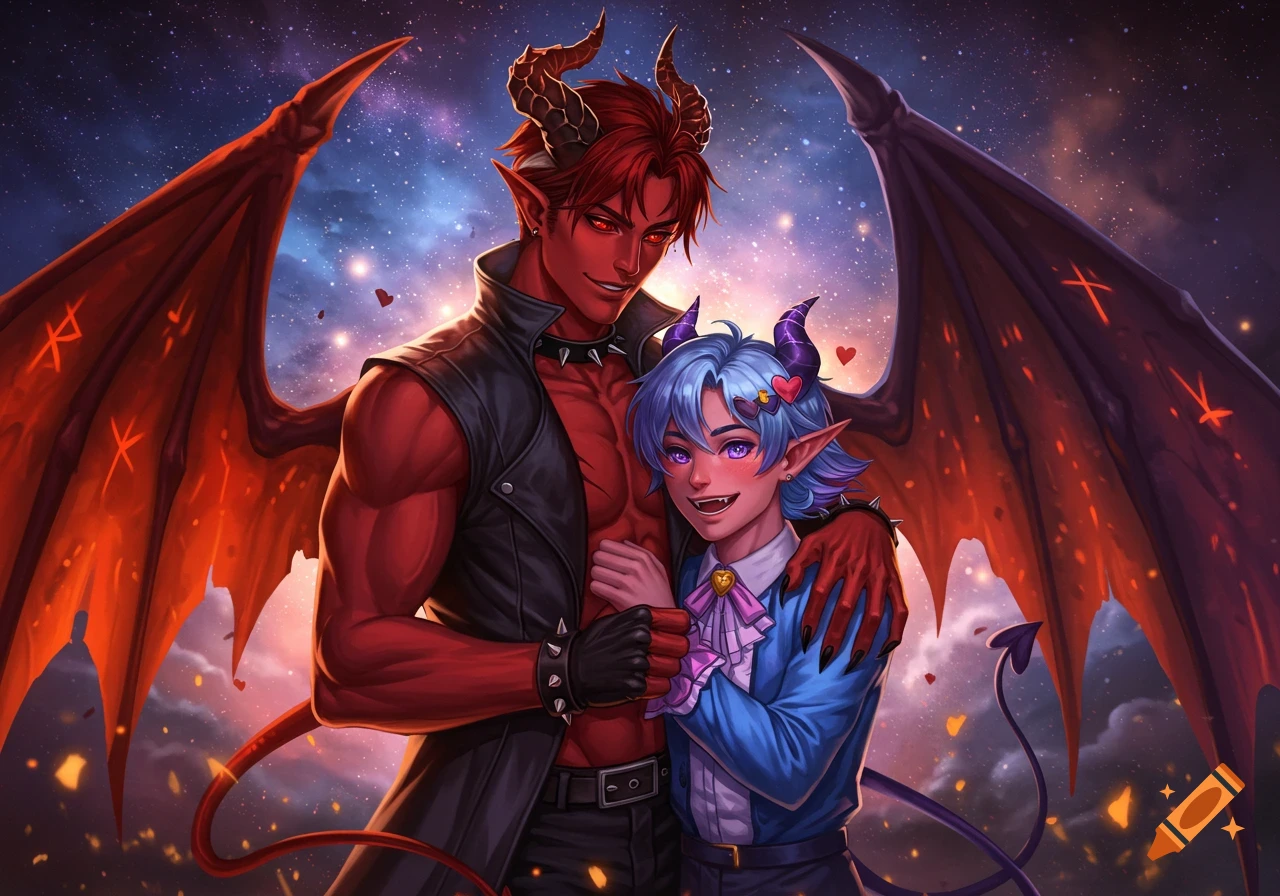 Anime-style illustration of two demon boyfriends embracing against a starry sky. One is red-skinned with large wings, the other blue-skinned with smaller horns.