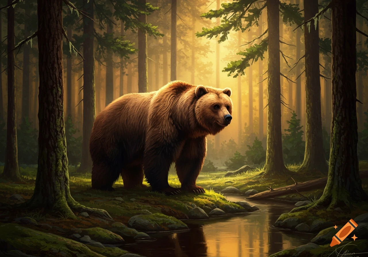 A large brown bear stands in a sunlit forest next to a small stream.