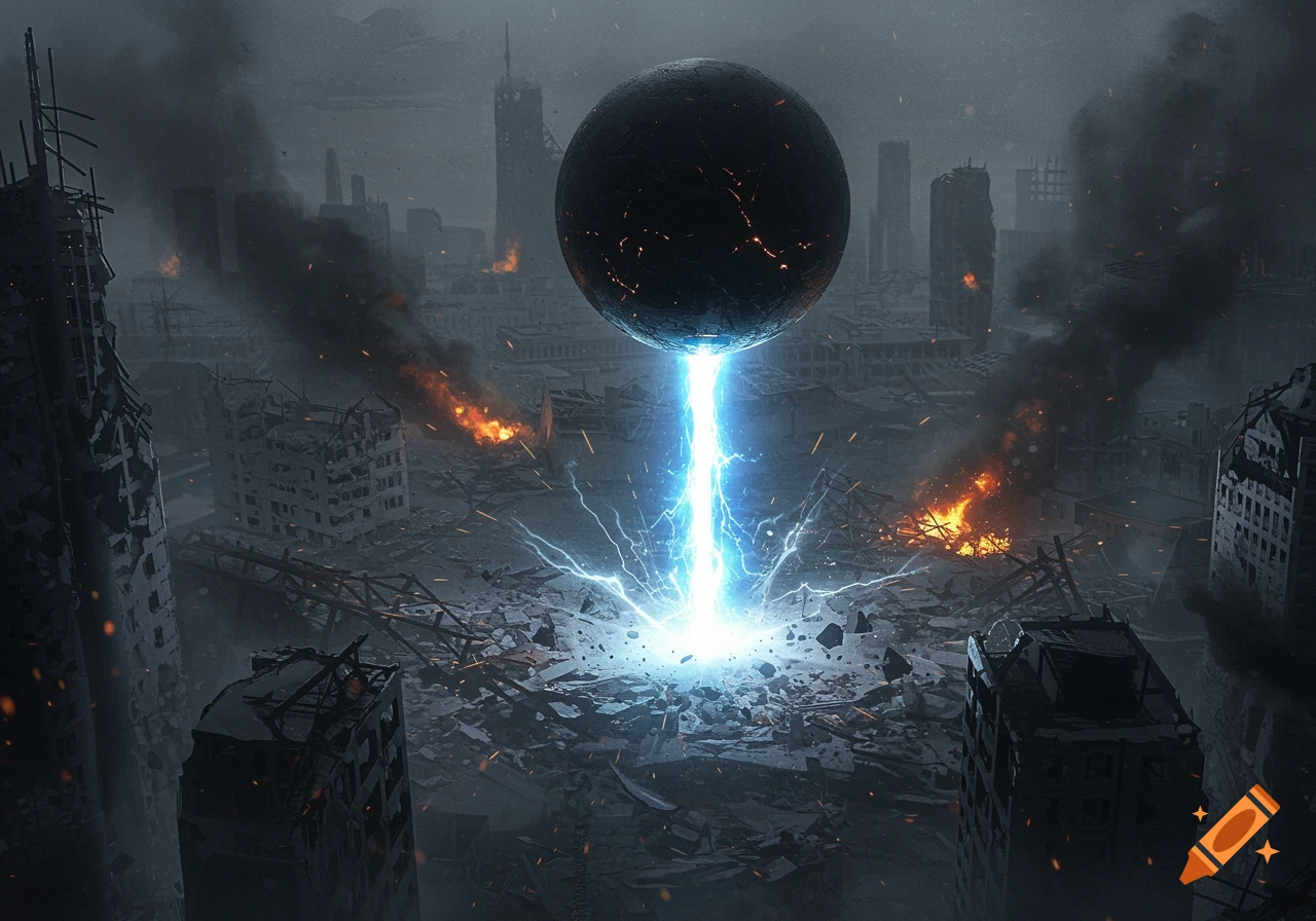 A large black sphere hovers over a ruined, smoke-filled city, firing a brilliant blue energy beam into the ground.