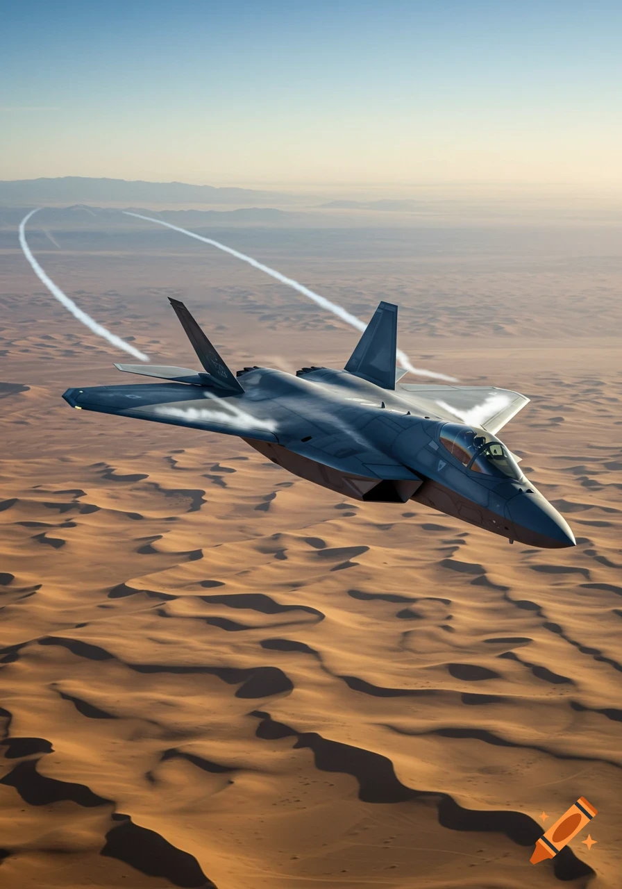 A gray fighter jet flies low over a vast desert with dunes, leaving white contrails in the sky.