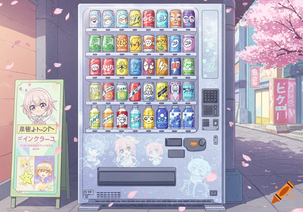 An anime-style image of a vending machine filled with colorful cans and bottles, surrounded by falling cherry blossoms on a city street.