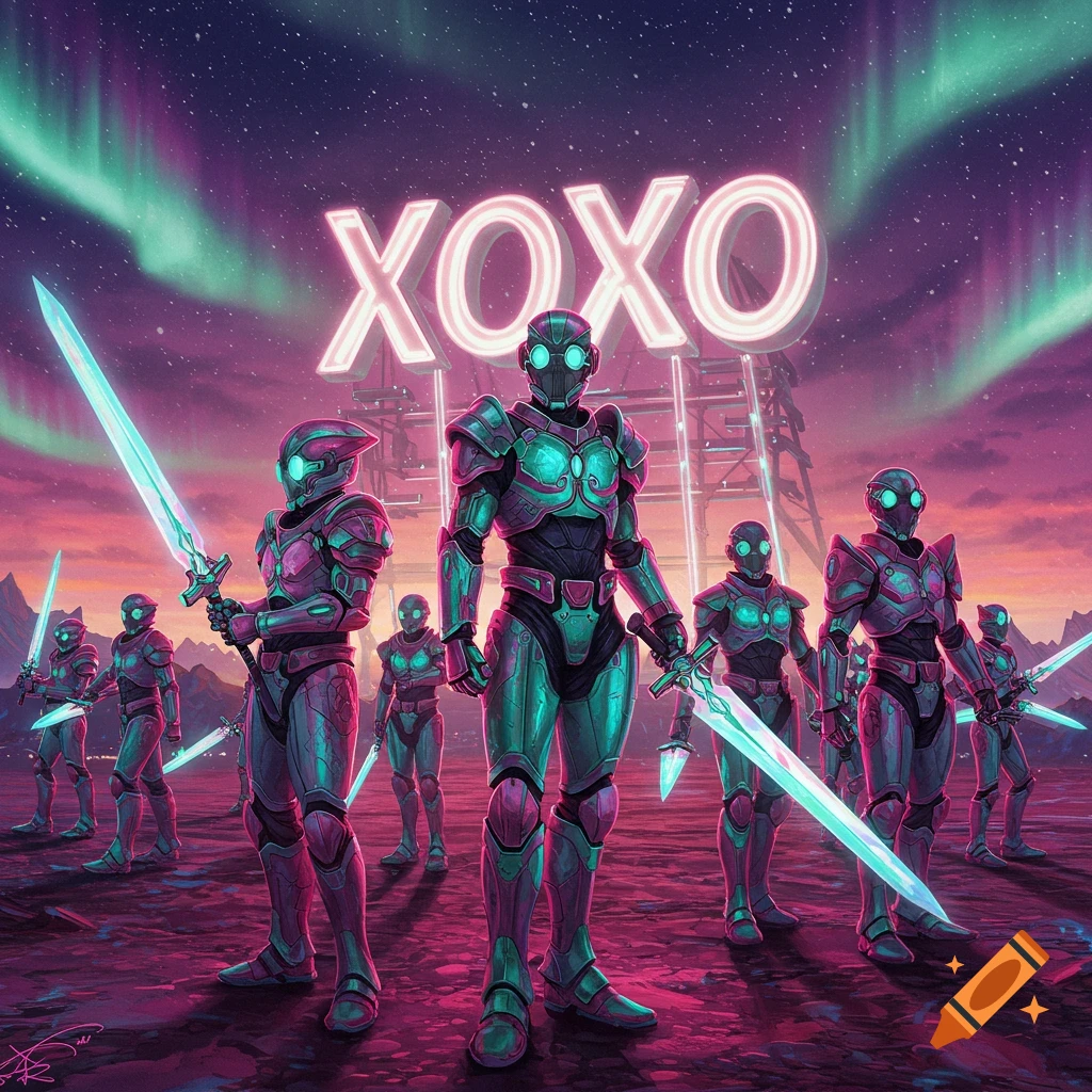A group of futuristic robots in glowing teal and pink armor, holding light swords, stand on a purple landscape under a sky with a glowing XOXO sign and aurora borealis.