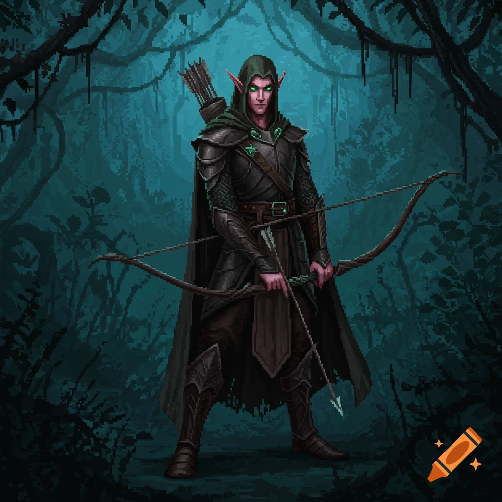 A dark pixel art image of an elf archer with glowing green eyes in a shadowy forest.