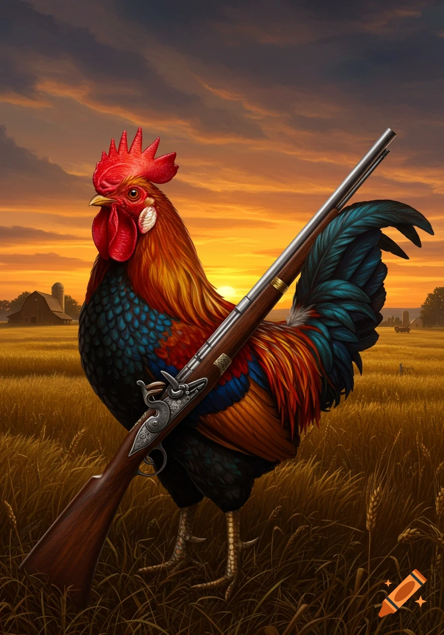 A colorful rooster standing in a golden wheat field at sunset, holding a flintlock rifle under its wing, with a barn in the distance.
