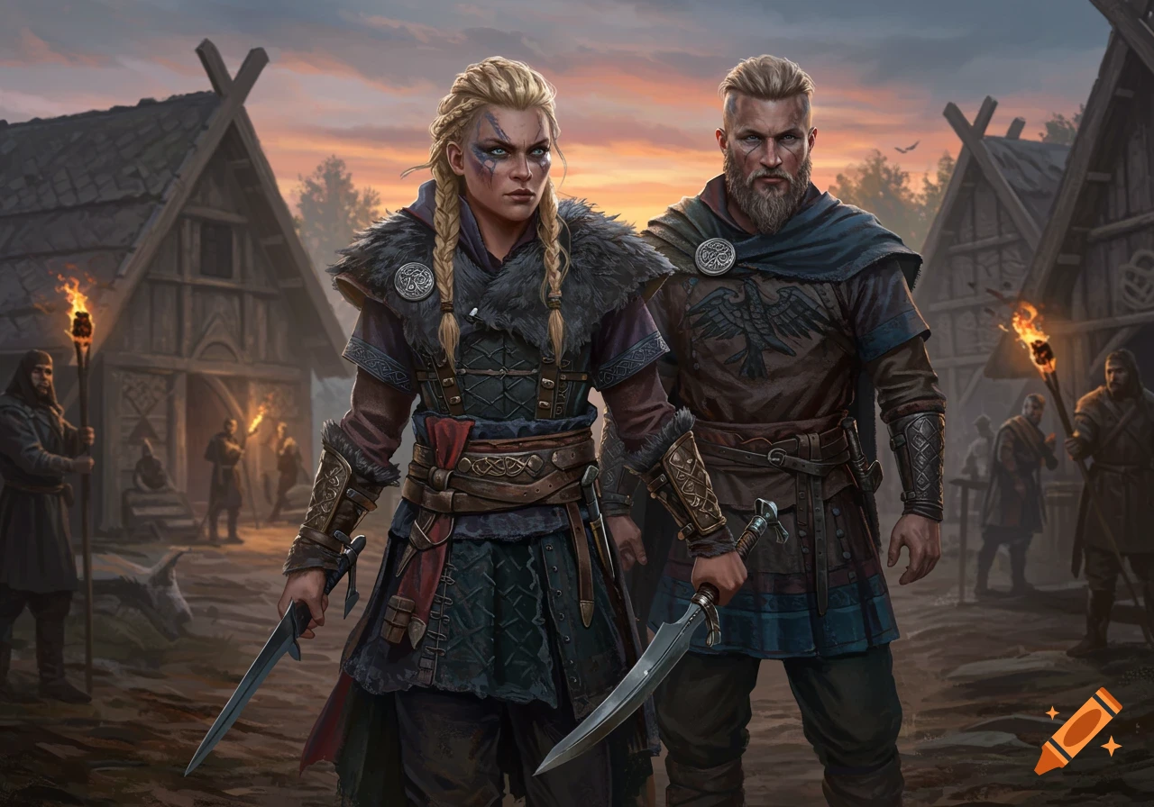 A female and a male Viking warrior, Eivor and Ragnar, stand with swords in a village at dusk.