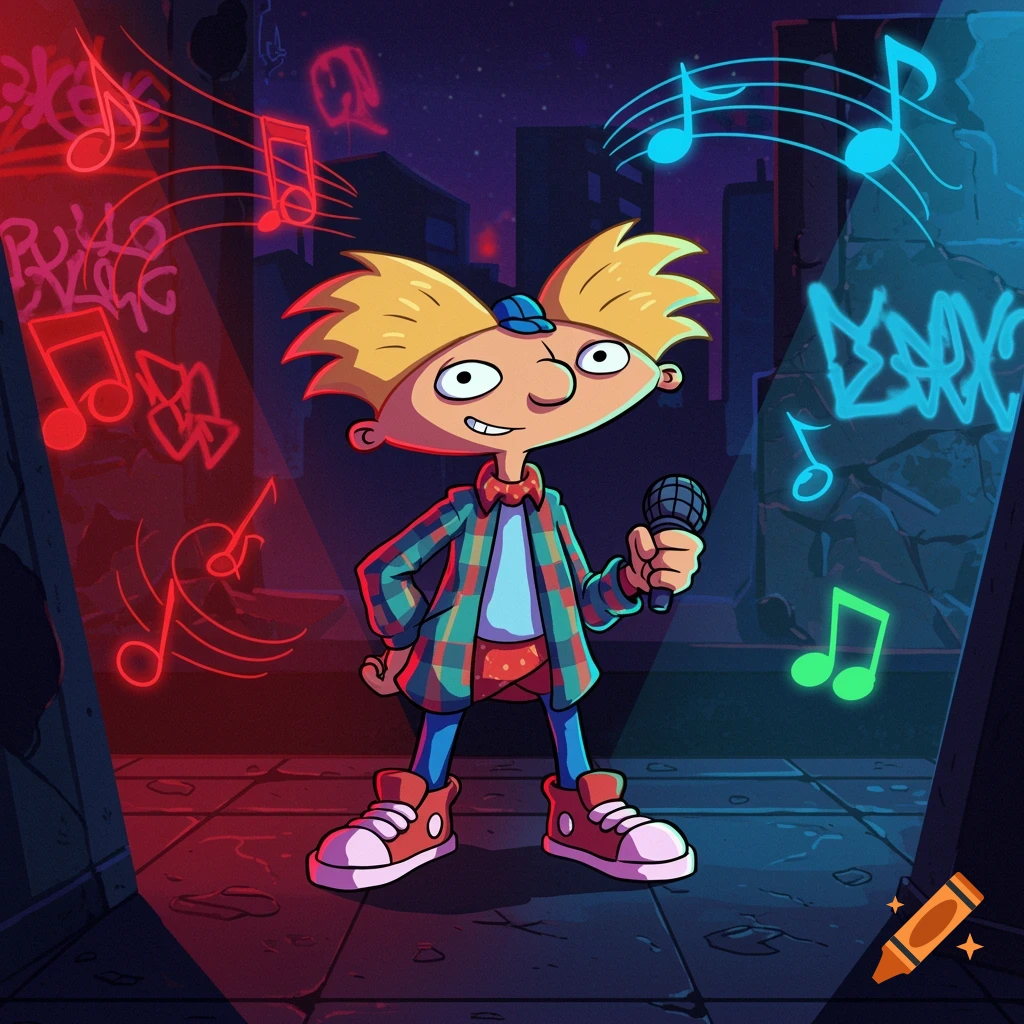Cartoon of Arnold from Hey Arnold! holding a microphone in a neon-lit urban alley, surrounded by musical notes.