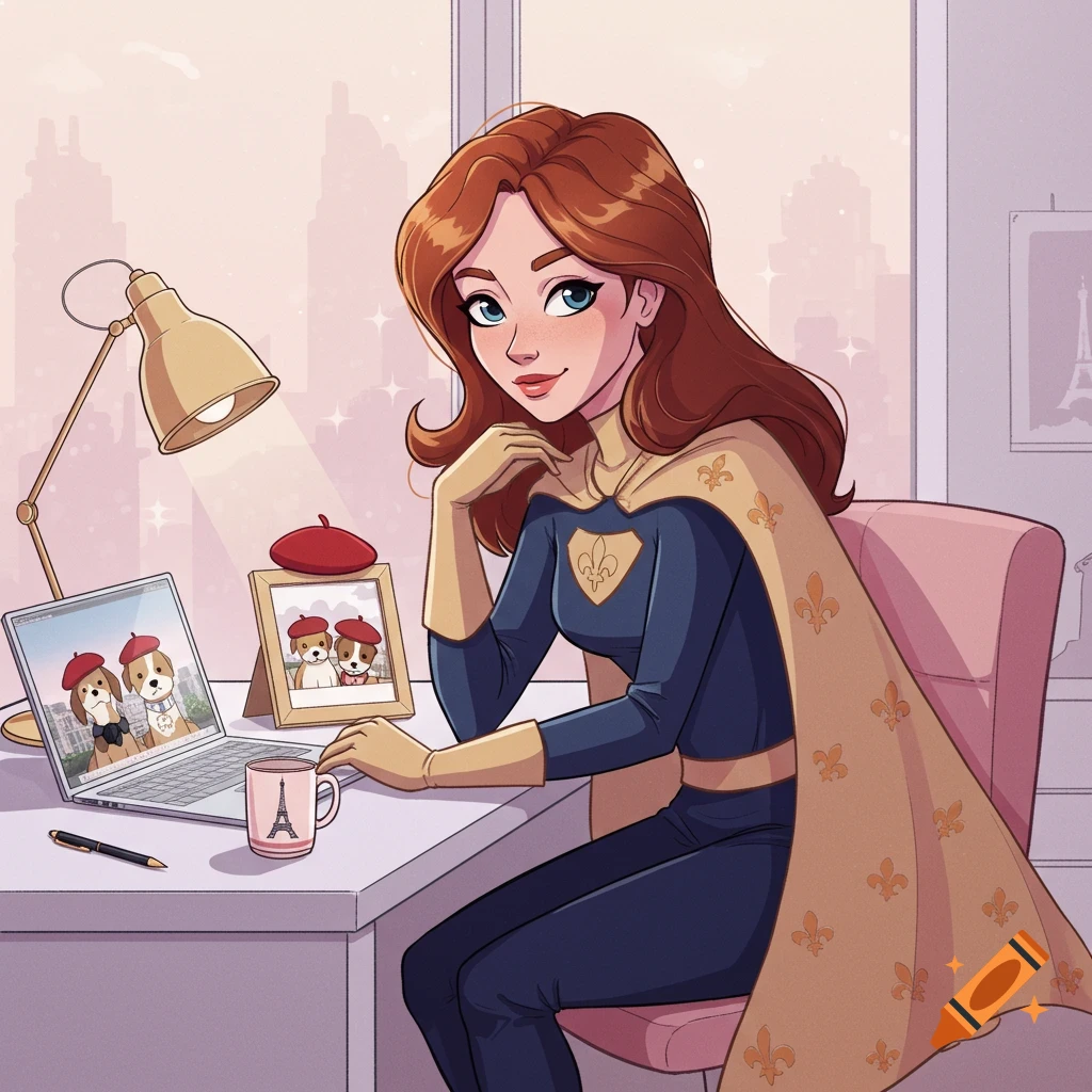 Cartoon red-haired superhero woman at a desk with a laptop showing two dogs in berets, an Eiffel Tower mug, and a framed dog photo.