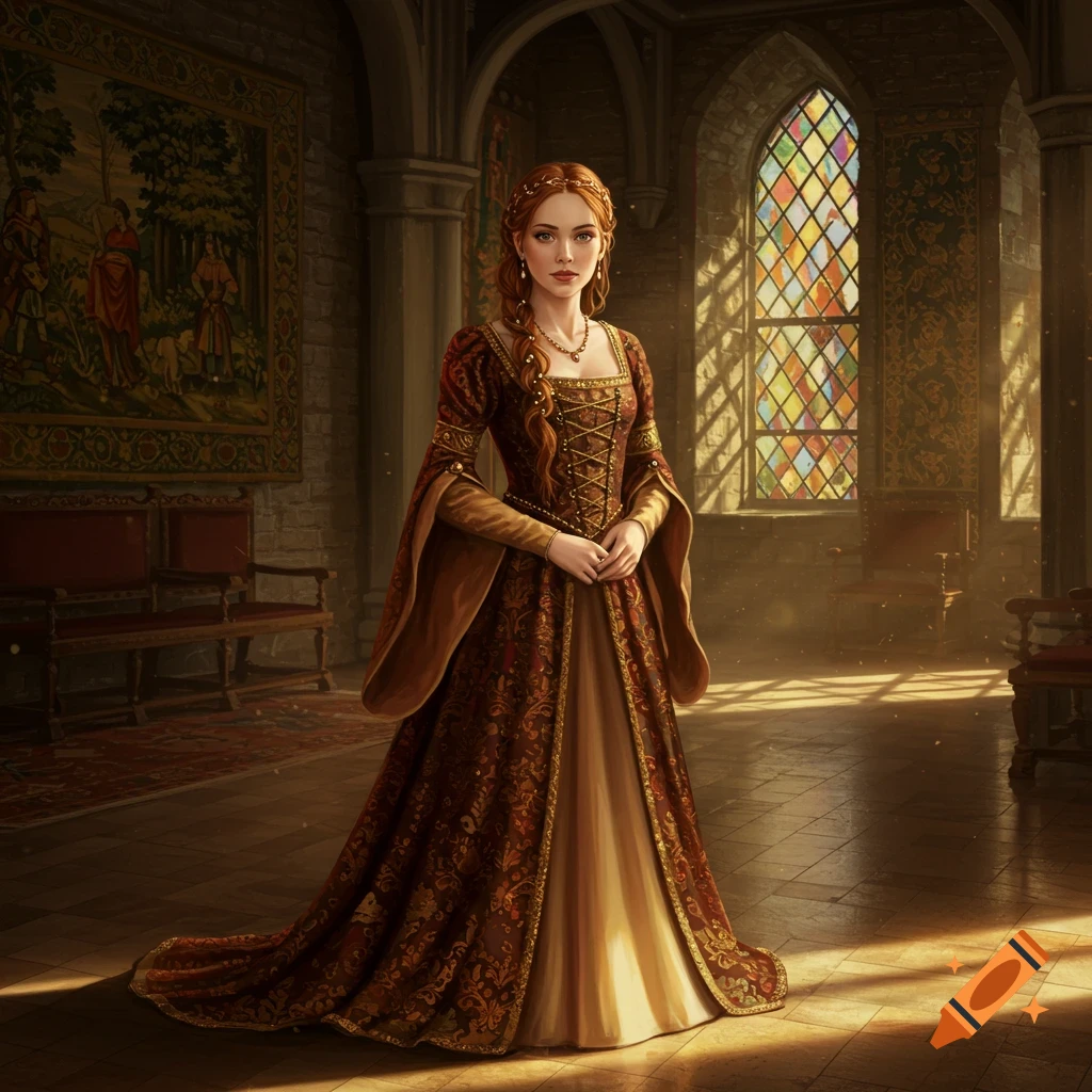 A medieval noblewoman with braided red hair in an ornate gold and maroon gown stands in a sunlit castle hall.