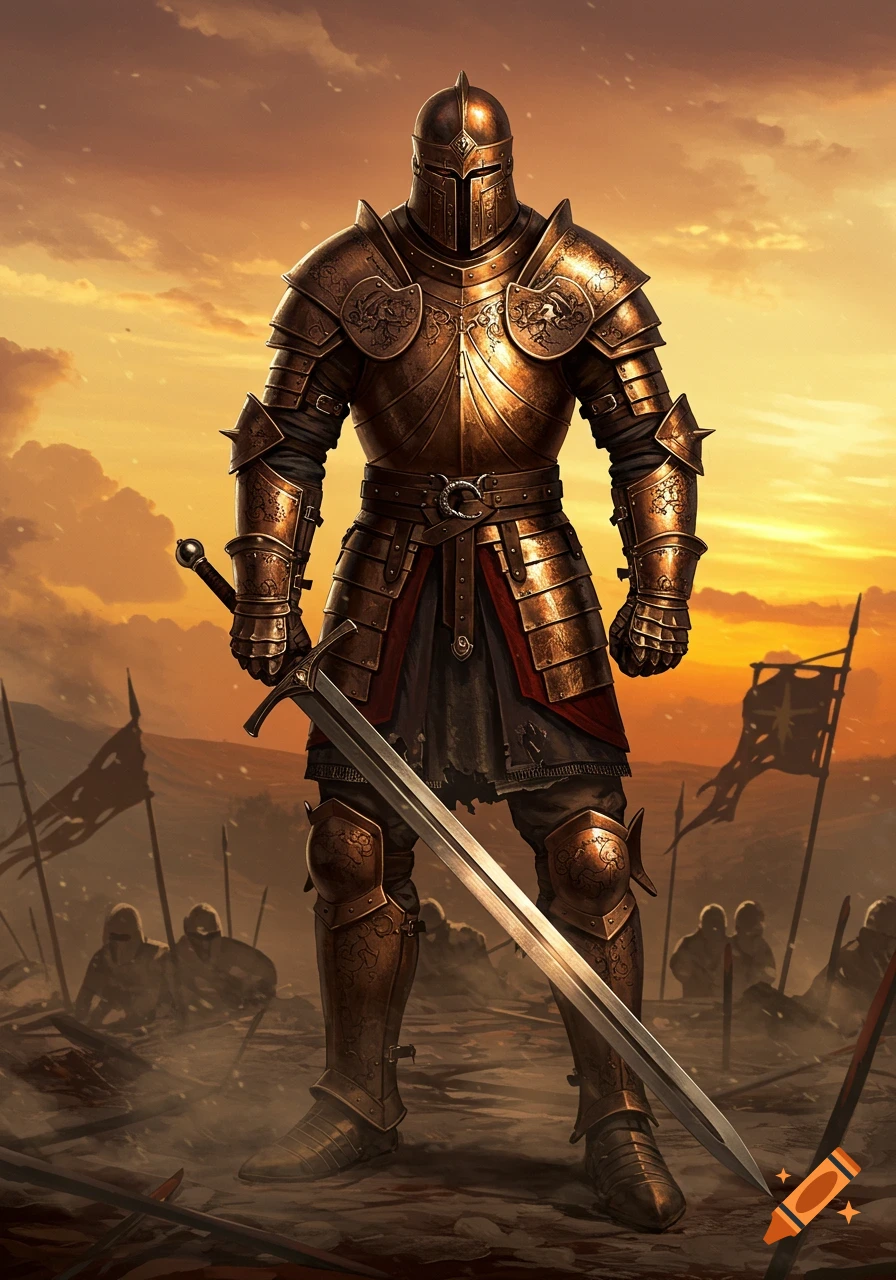 A knight in ornate bronze armor stands on a battlefield with a broadsword at sunset.