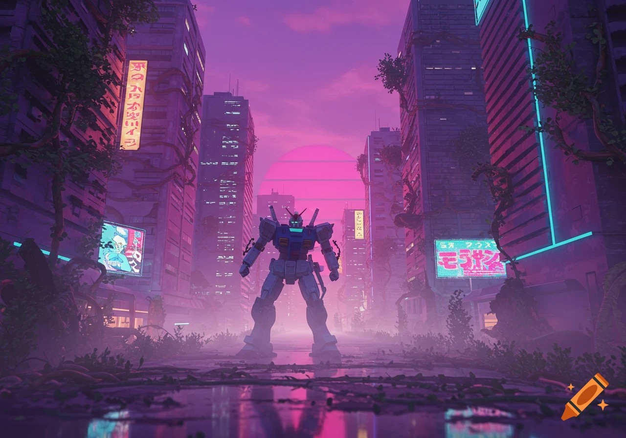 A large mecha robot stands in a neon-lit cyberpunk city at sunset, bathed in purple and pink light, with overgrown buildings and wet ground reflecting the glow.