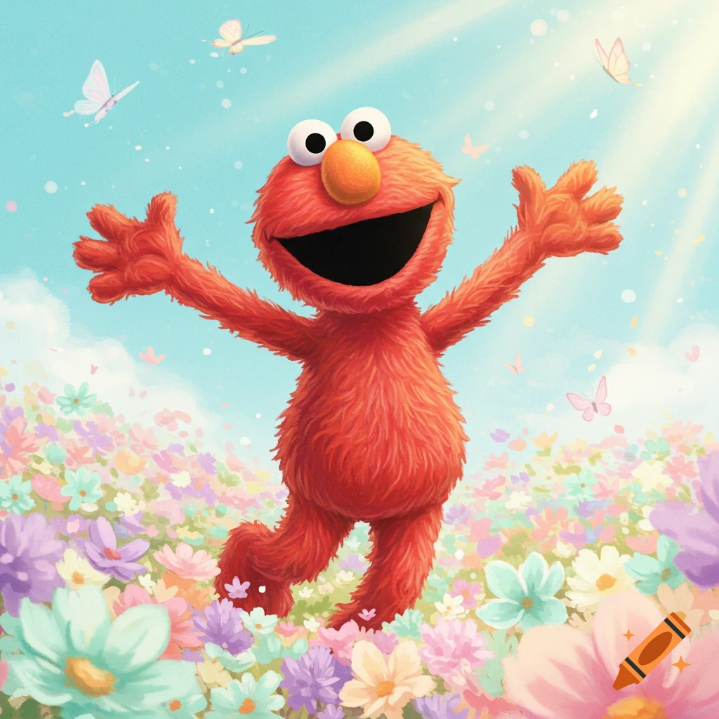 Elmo smiling with arms outstretched in a vibrant field of pastel flowers under a bright blue sky with butterflies.
