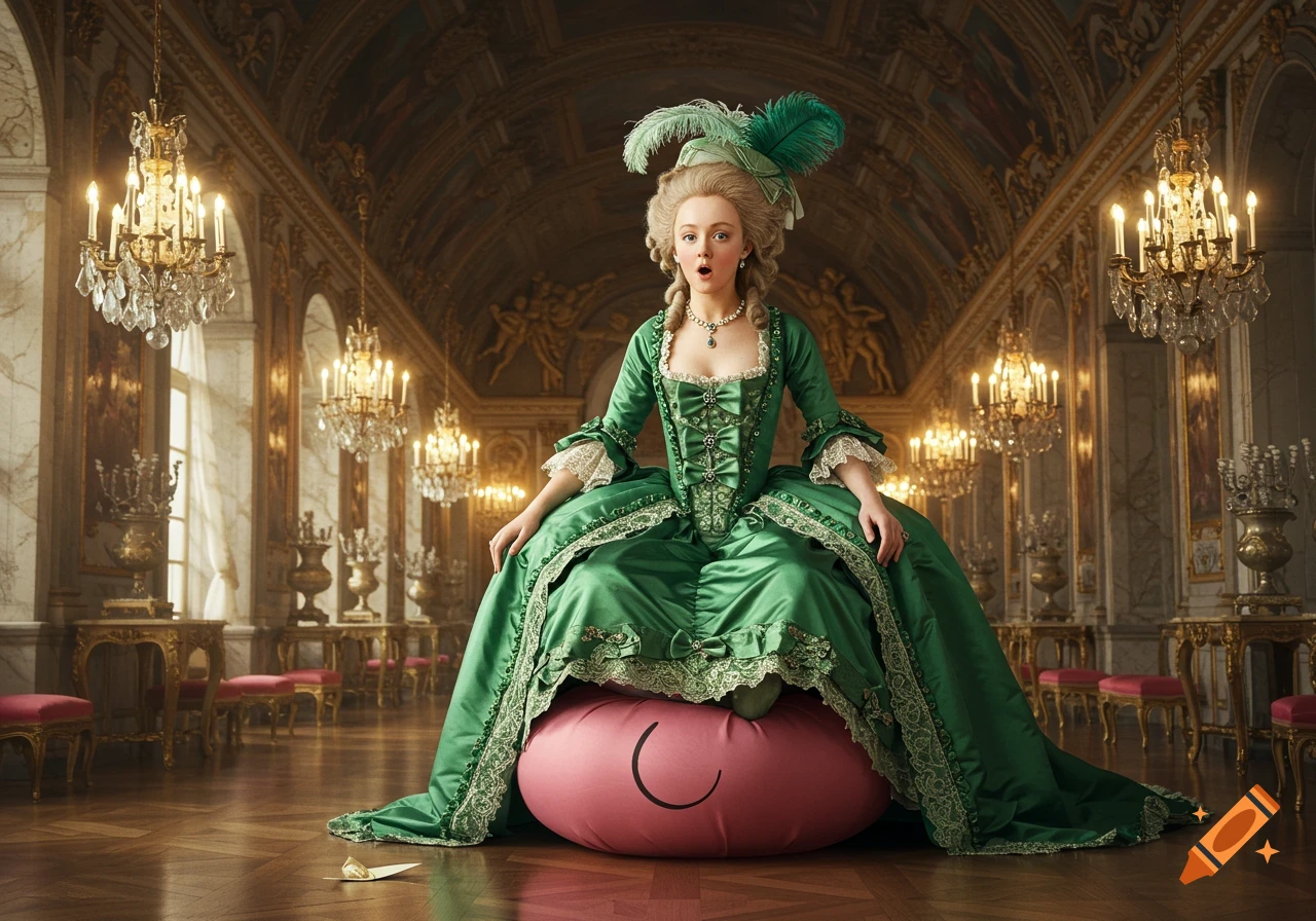 Photorealistic image of Marie Antoinette in a green dress sitting on a pink whoopee cushion in a grand hall with chandeliers.