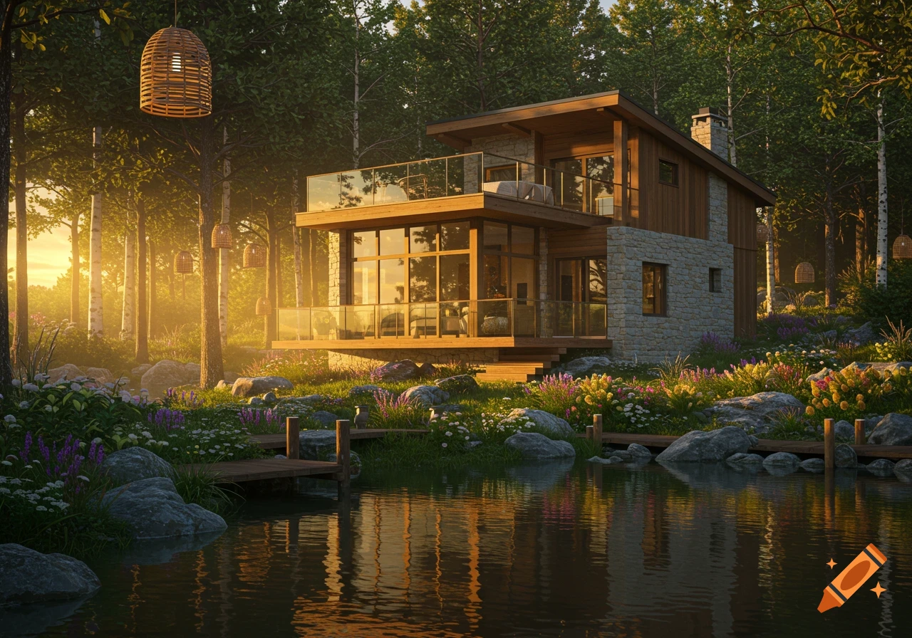 Photorealistic image of a modern house by a lake in a lush forest with golden sunset light.