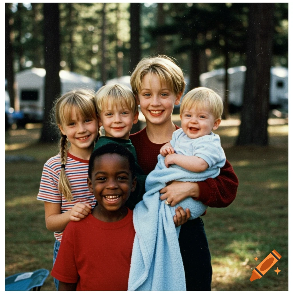 Five smiling children, including an older girl holding a baby, pose for a photorealistic family portrait outdoors at a campsite.