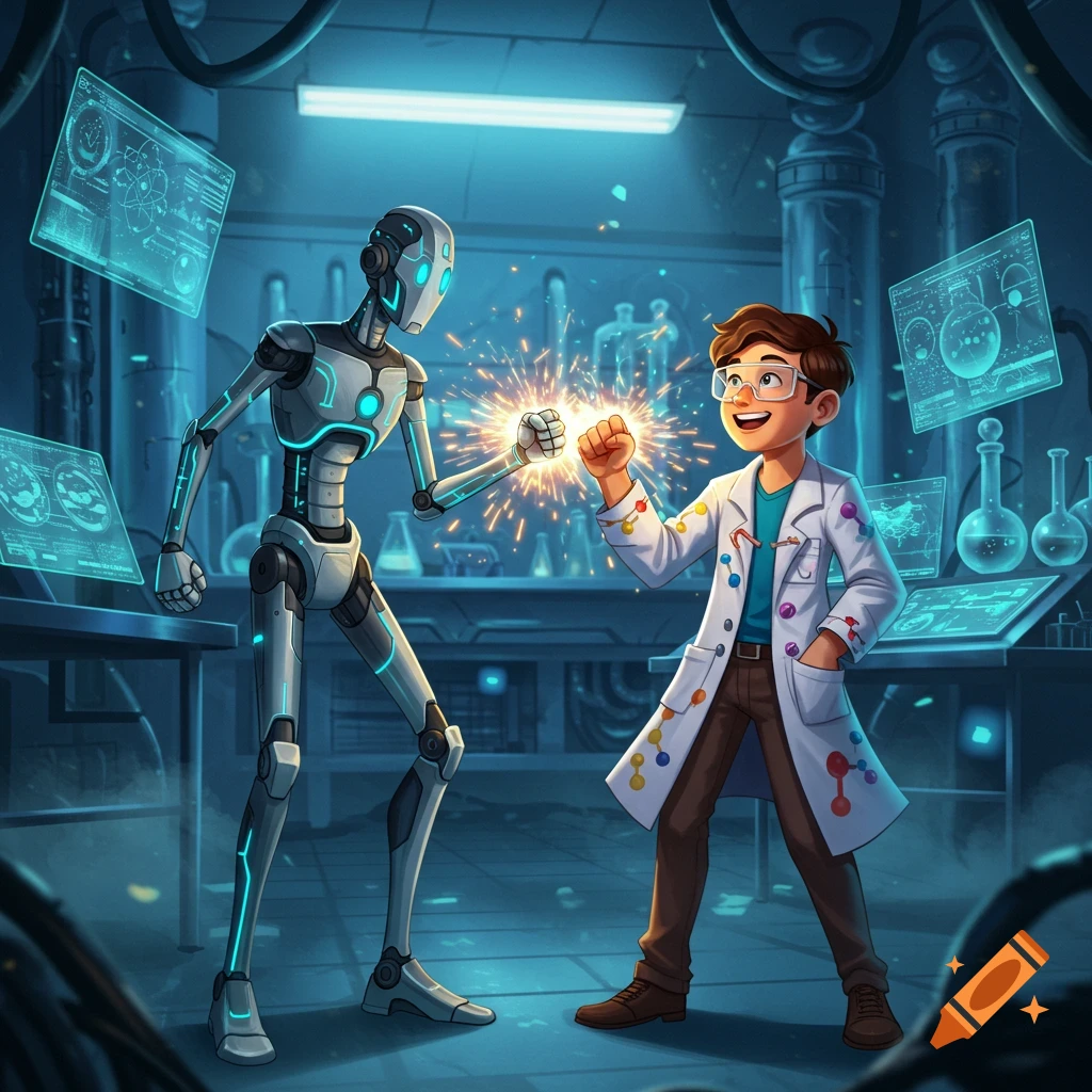 A cartoon boy in a lab coat and safety glasses fist bumps a robot, creating sparks in a futuristic science lab.