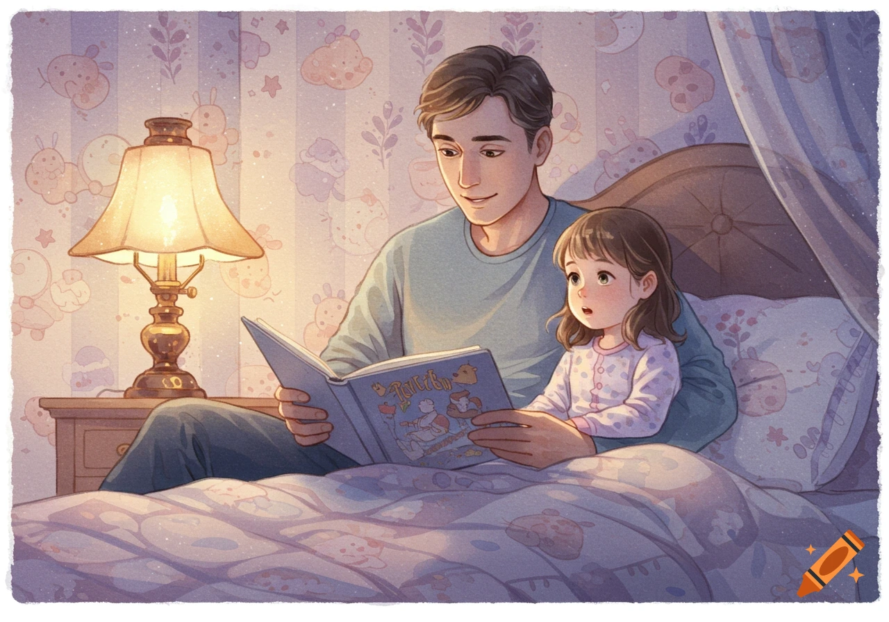 A soft watercolor drawing of a father reading a book to his daughter in bed under the warm glow of a lamp.