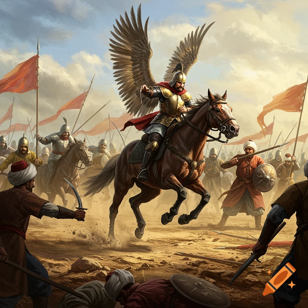 A winged Hussar warrior on horseback charges through a chaotic battle scene against Ottoman soldiers under a cloudy sky.