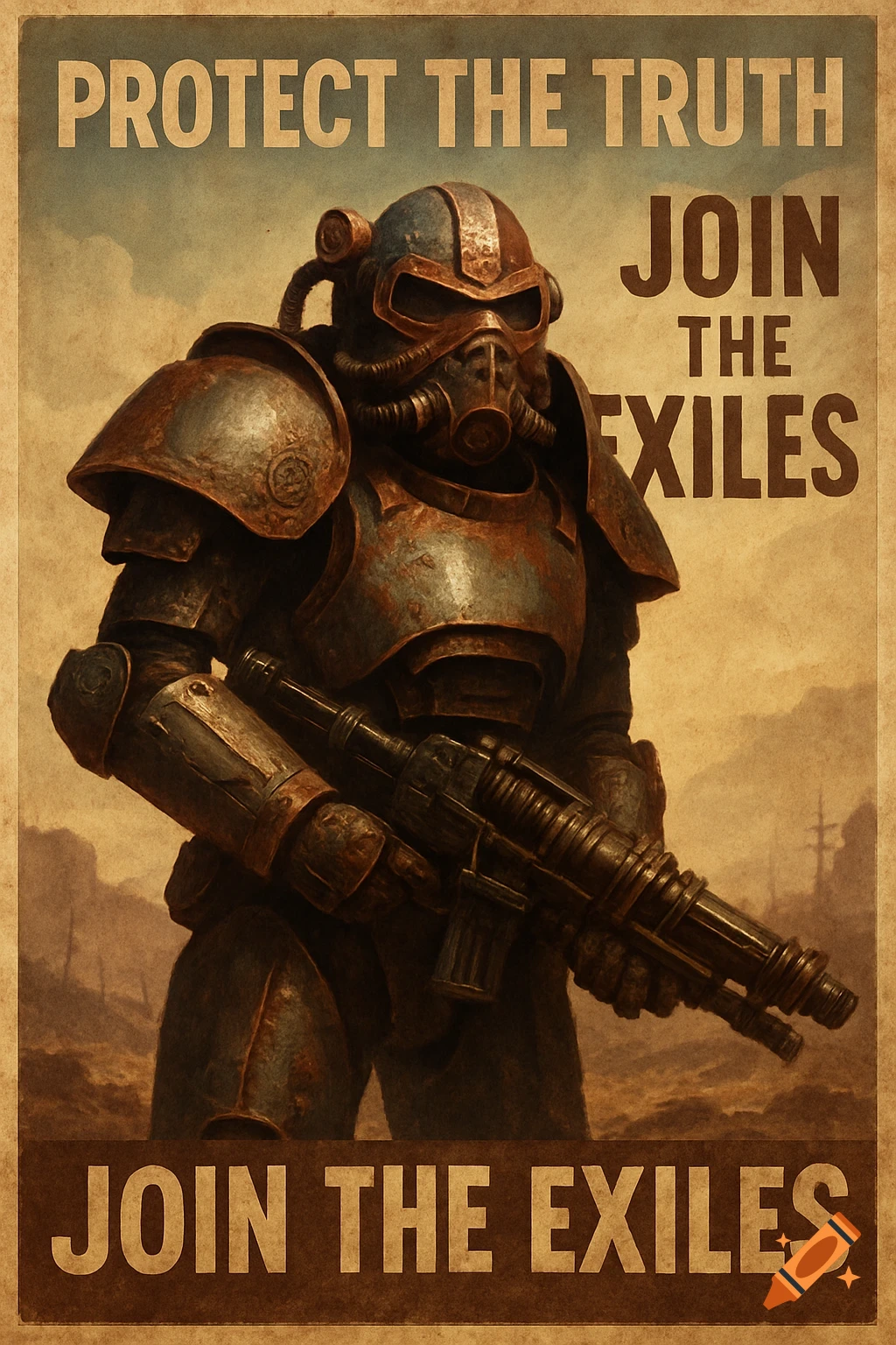 A vintage propaganda poster depicts a person in rusty power armor holding a rifle. Text reads "PROTECT THE TRUTH JOIN THE EXILES" and "JOIN THE EXILES."