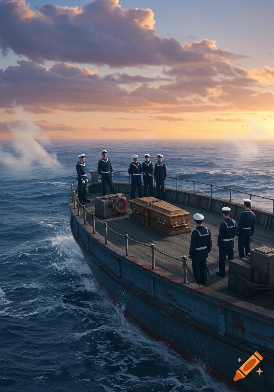 Sailors on a ship's deck prepare a coffin for a burial at sea at sunset, with choppy waters and a dramatic sky.