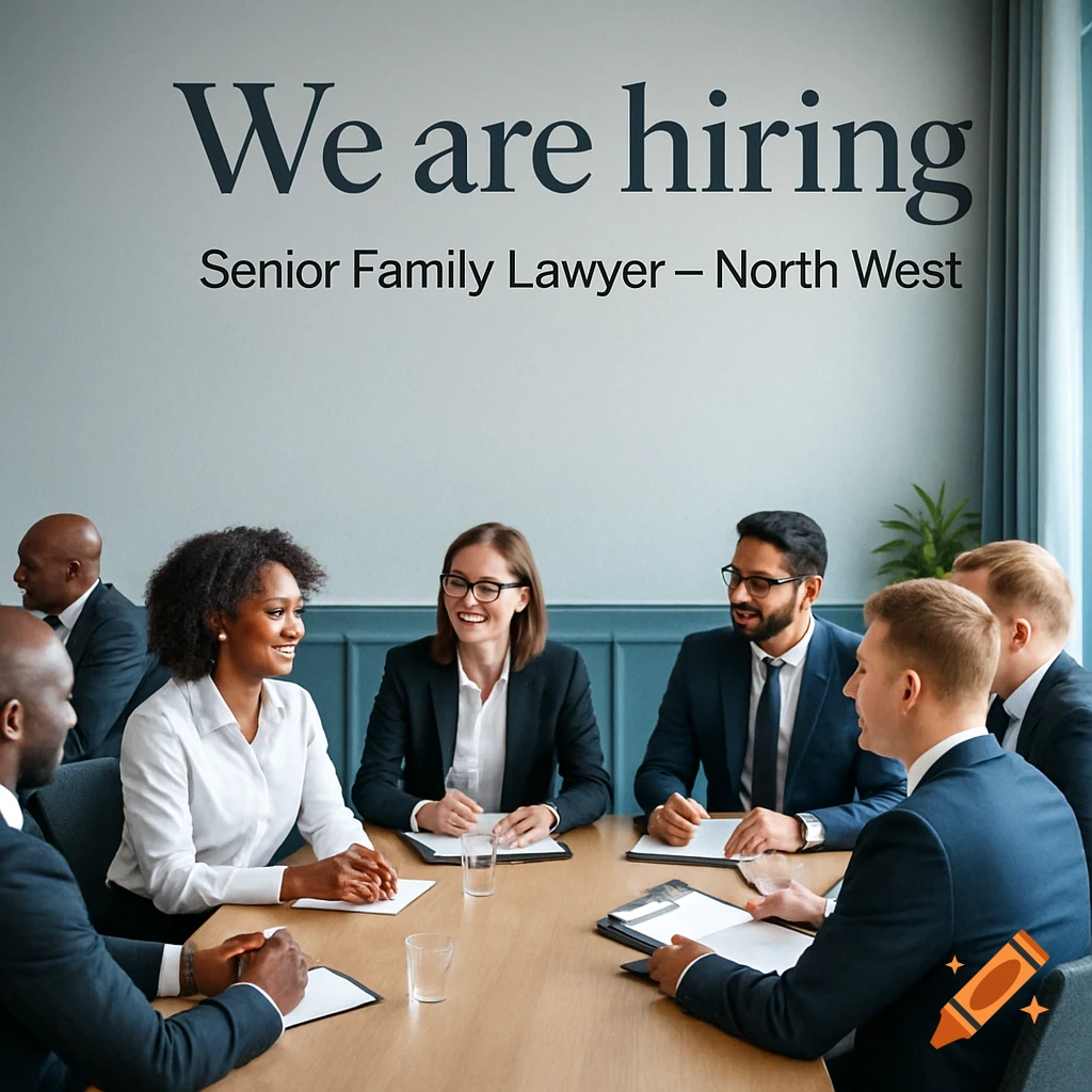 Diverse professionals in a business meeting with 'We are hiring Senior Family Lawyer – North West' on the wall.