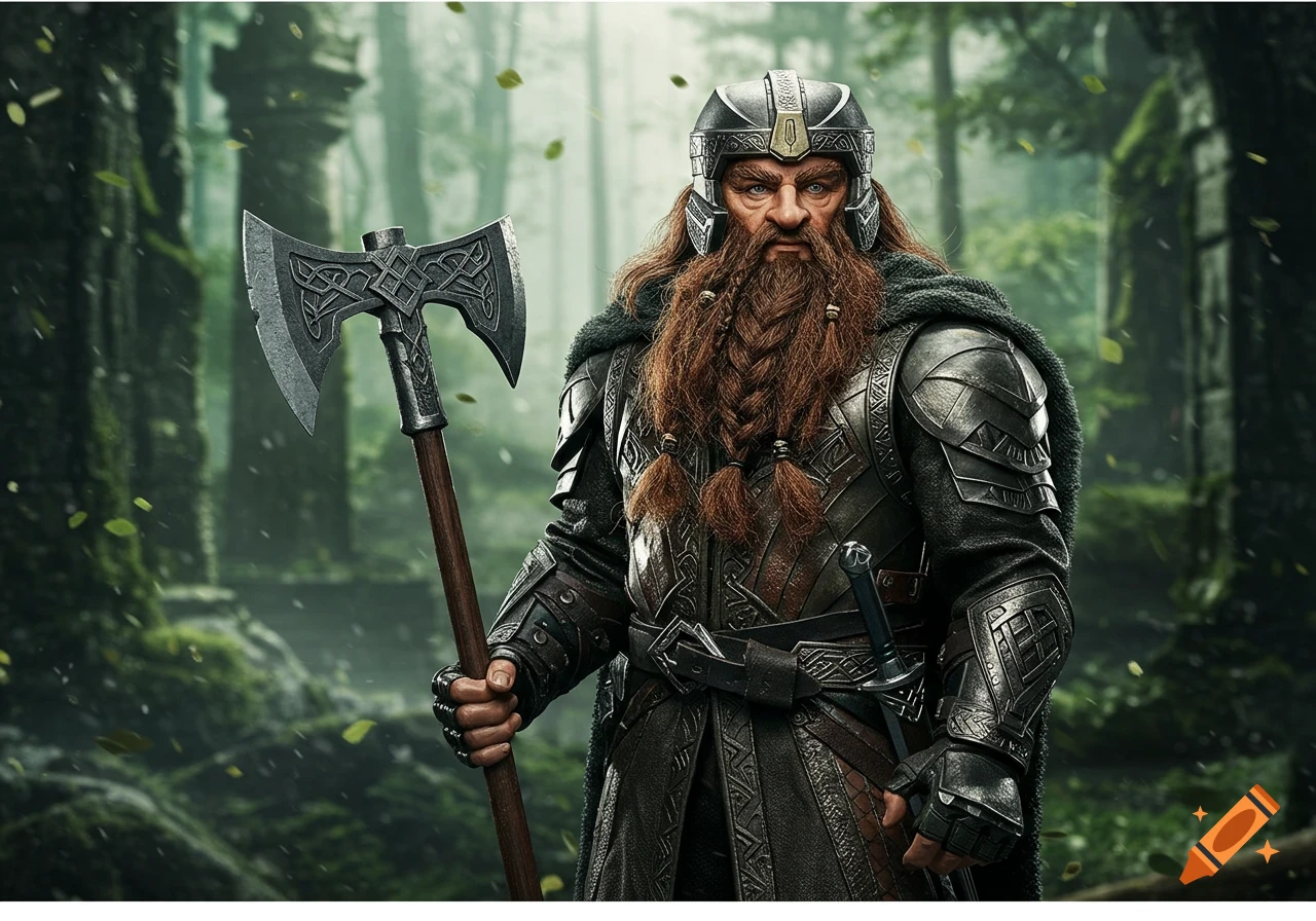 Photorealistic image of a powerful dwarf in ornate armor and helmet, holding a large axe in a misty, mossy forest with falling leaves.