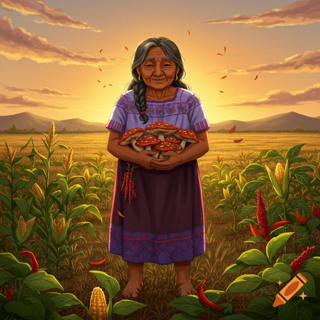 An elderly woman with braids holds a bundle of red-capped mushrooms in a field of corn and chili plants at sunset.