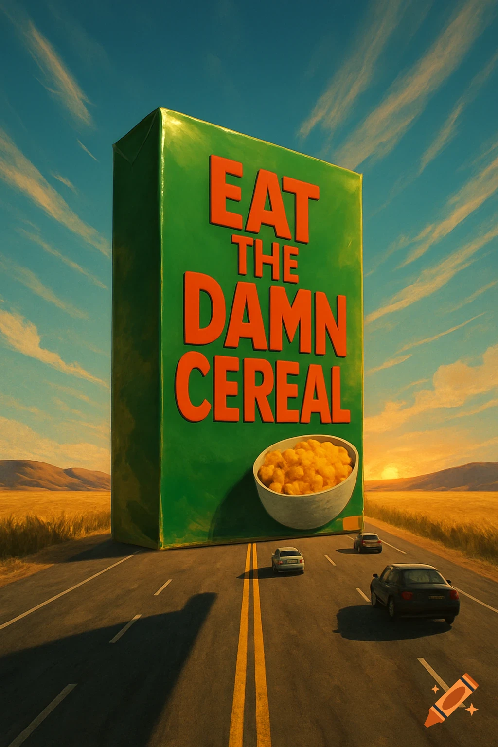A giant green cereal box with "EAT THE DAMN CEREAL" stands on a highway in a vast, empty landscape at sunset.