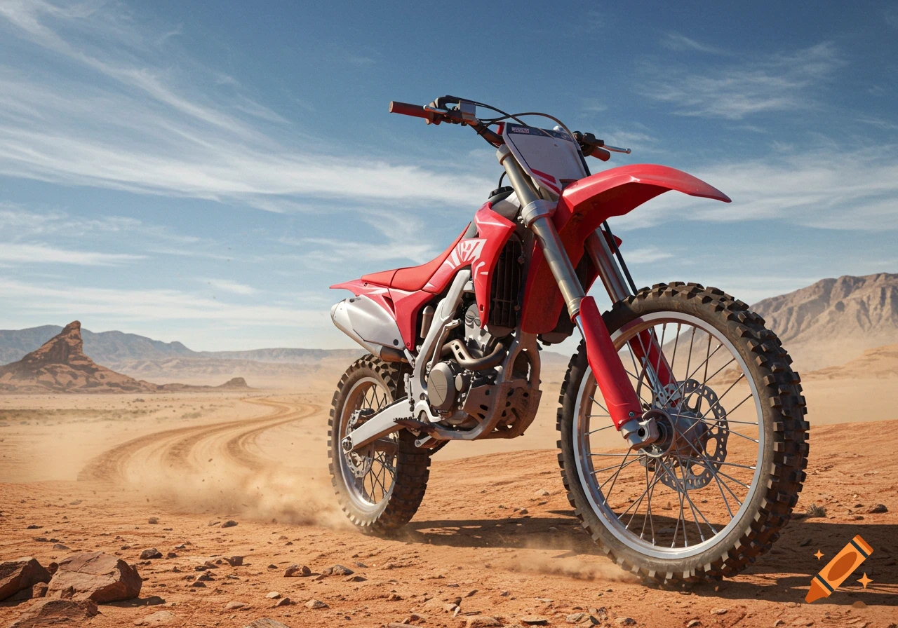A red dirt bike sits on a dusty desert track under a clear blue sky.