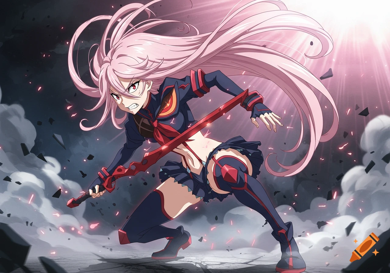 Anime-style female warrior with long pink hair and a red sword in a dynamic pose, amidst smoke and debris.