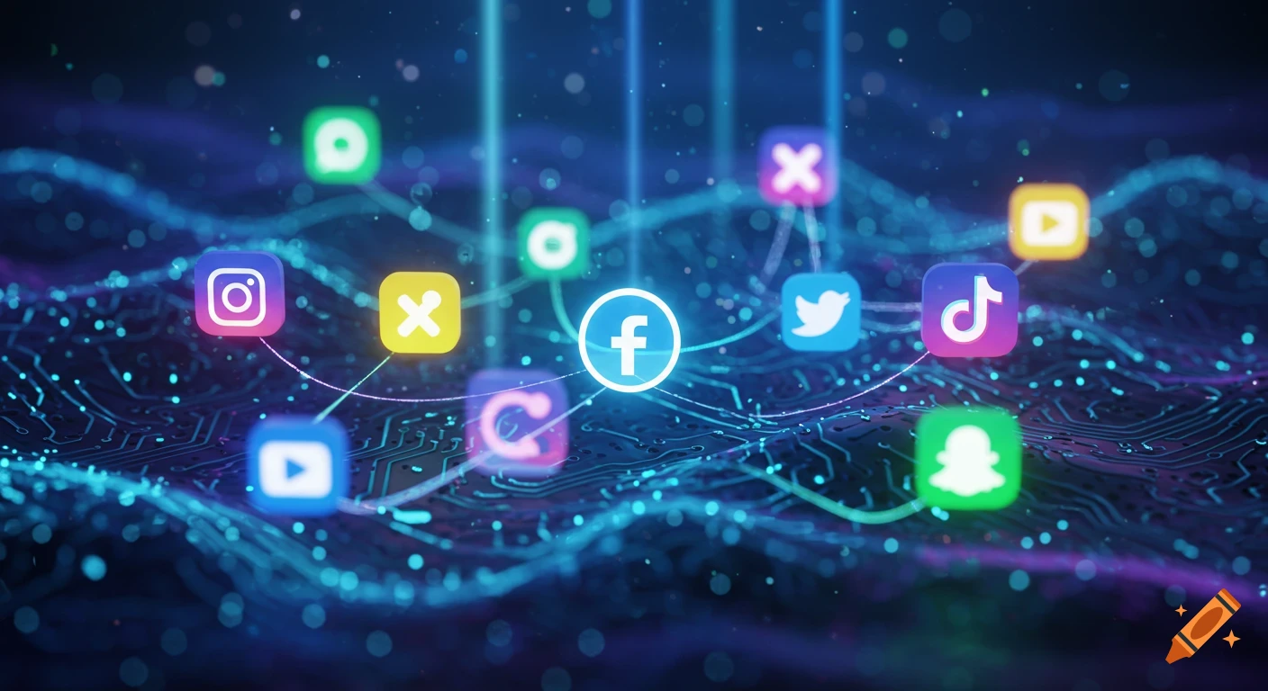 Digital illustration of glowing social media icons like Facebook, Instagram, TikTok, and X, connected by light trails on a circuit board background.