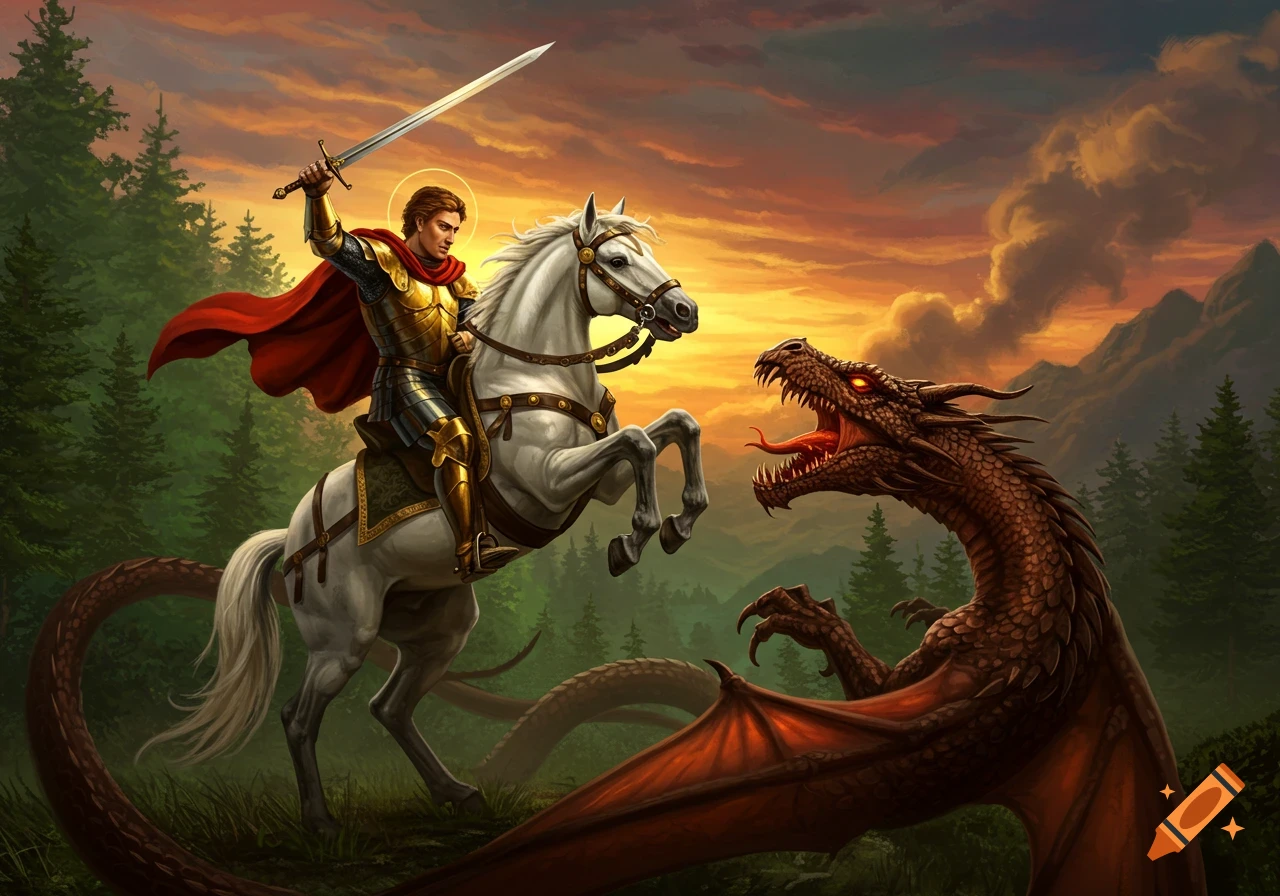 A knight in golden armor on a white horse, wielding a sword, faces off against a fierce red dragon at sunset in a forest.