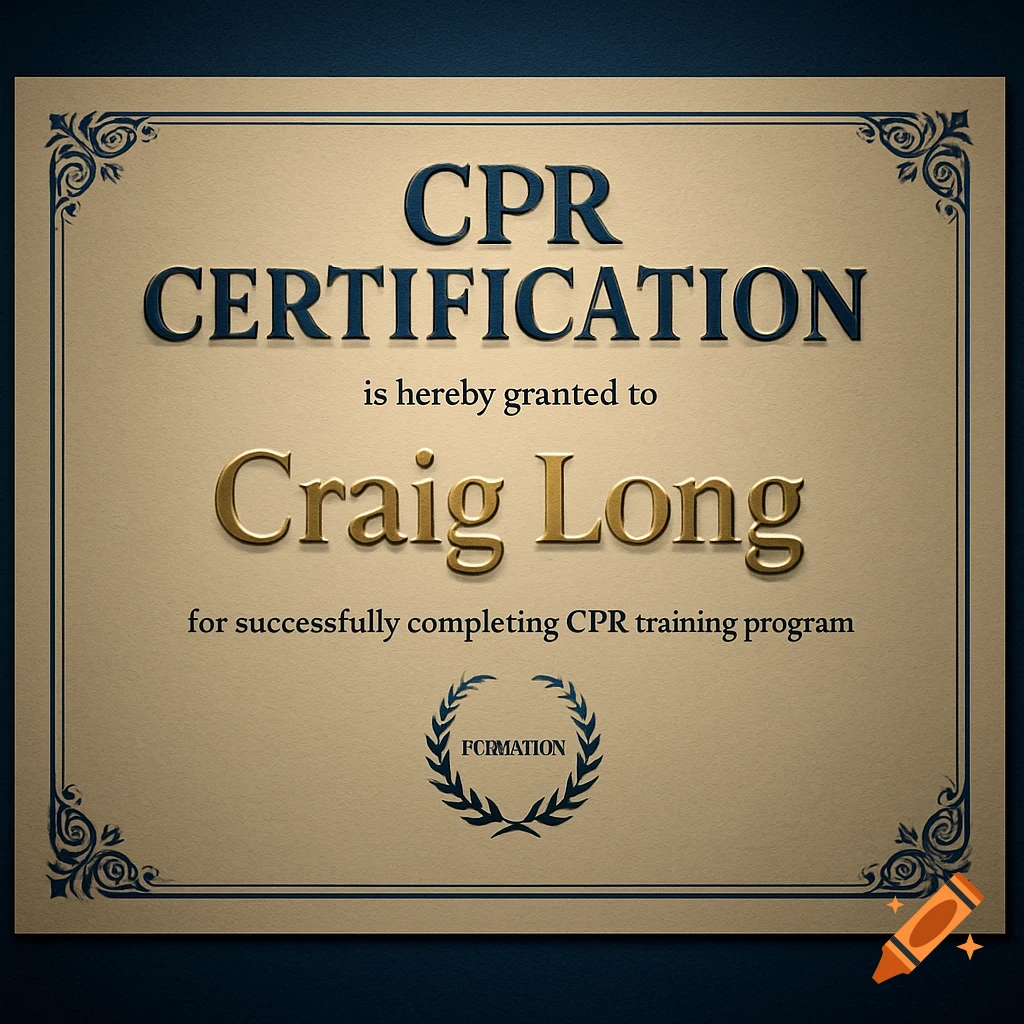 A formal CPR certification document with a gold seal, granted to Craig Long, on a beige background with decorative borders.
