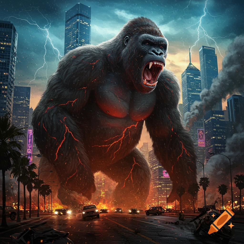 A colossal gorilla with glowing red veins roars in a city under attack, with lightning striking, fires, and destroyed cars on the street.