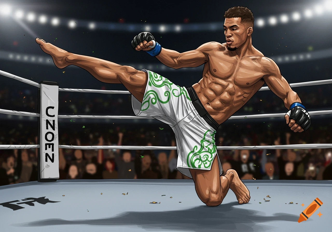 An illustration of a muscular male MMA fighter delivering a high kick in a boxing ring.