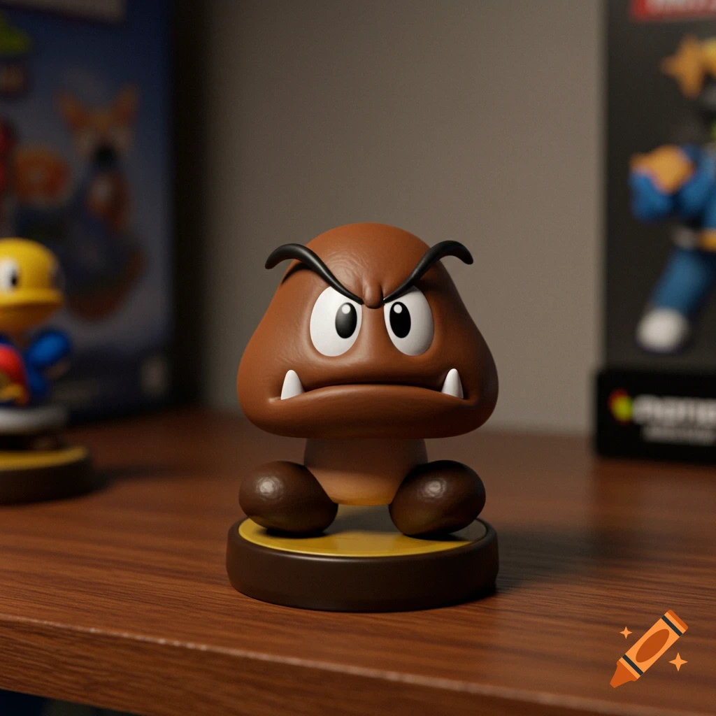 A photorealistic Goomba amiibo figurine with an angry expression, on a brown and yellow base, sitting on a wooden shelf.