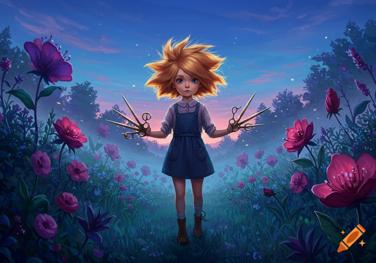 An illustrated fantasy scene of a small girl with messy orange hair and scissors for hands, standing in a vibrant flower field at twilight.