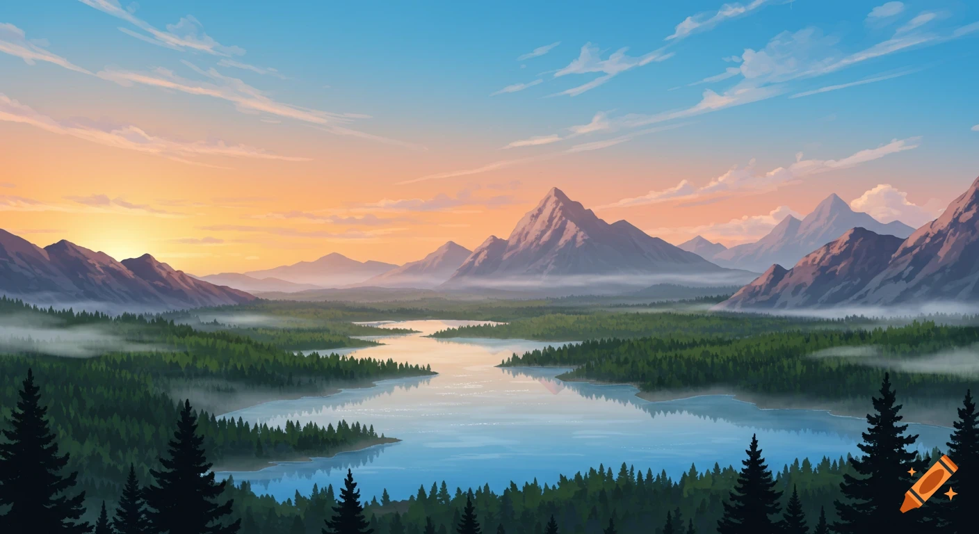 A stylized landscape painting of majestic mountains, a serene lake, and lush forests under a vibrant sunrise or sunset sky.