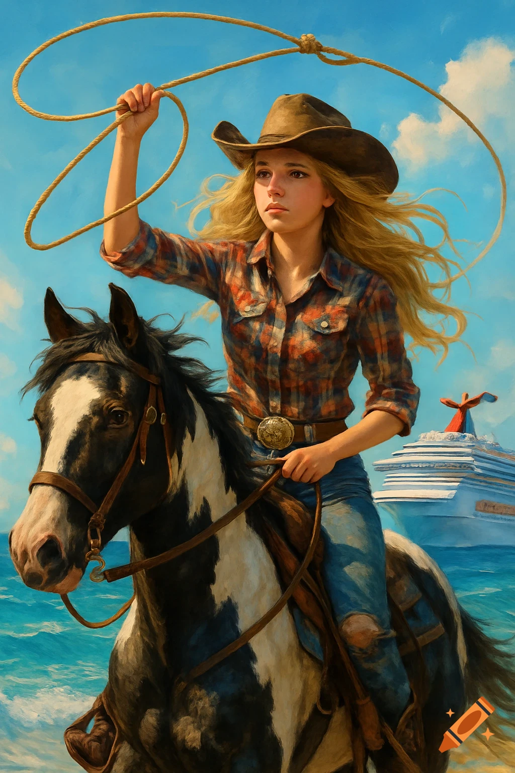 A blonde cowgirl on a black and white paint horse holds a lasso in the ocean with a cruise ship behind her.